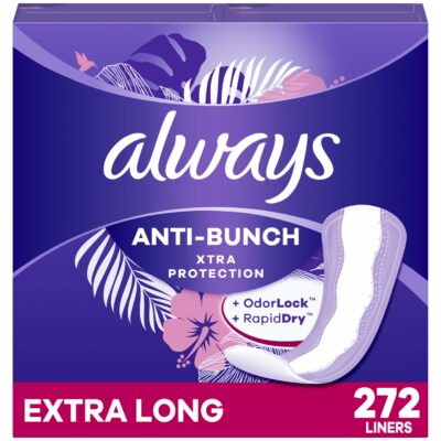 Always Anti-Bunch Xtra Protection, Panty Liners For Women, Extra Long Length, Unscented, 68 Count X 4 Packs (272 Count Total) (Packaging May Vary)