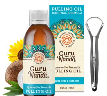GuruNanda Original Oil Pulling with Tongue Scraper, Alcohol & Fluoride Free Mouthwash for Teeth & Gum Health & Fresh Breath (Unflavoured), 8.45 Fl Oz