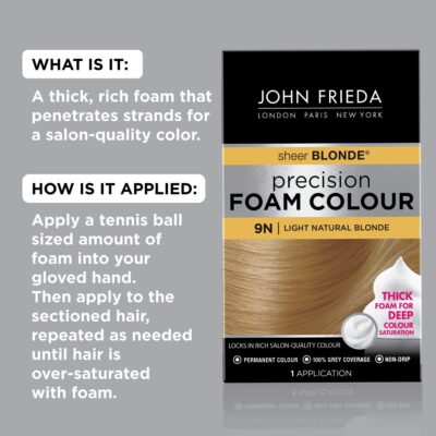 John Frieda Blonde Permanent Precision Foam Hair Color, Blonde Hair Dye, 9N Light Natural Blonde Hair Color Kit, 1 Application - Image 2