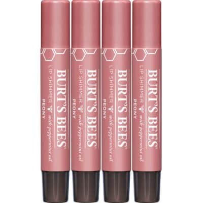 Burt's Bees Shimmer Lip Tint Set, Tinted Lip Balm Stick, Moisturizing for All Day Hydration with Natural Origin Glowy Pigmented Finish & Buildable Color, Peony (4-Pack)