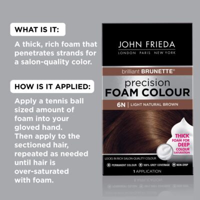 John Frieda Brown Permanent Precision Foam Hair Color Kit, Light Brown Hair Dye, 6N Light Natural Brown Hair Coloring Kit, 1 Application - Image 2