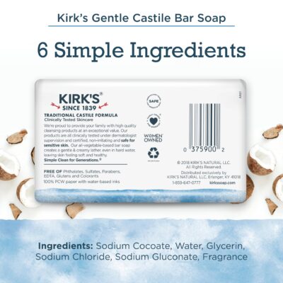 Kirk's Castile Bar Soap for Men, Women & Children - Made With Premium Coconut Oil, Sensitive Skin Formula, Vegan, Non GMO, Original Fresh Scent, 4 oz. Bars, 6 Pack - Image 2