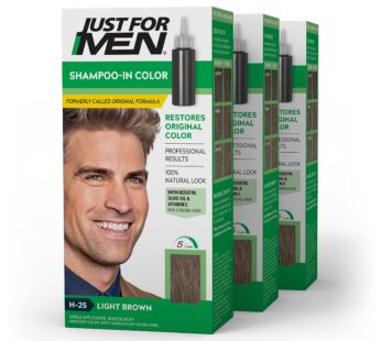 Just For Men Shampoo-In Color (Formerly Original Formula), Mens Hair Color with Keratin and Vitamin E for Stronger Hair – Light Brown, H-25, Pack of 3