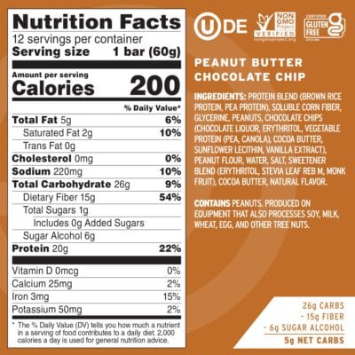 No Cow High Protein Bars, Peanut Butter Chocolate Chip - Healthy Snacks, 20g Vegan Protein, High Fiber, Low Sugar, Dairy & Gluten Free (12 Count) - Image 3