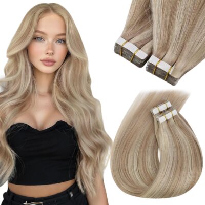 Sunny Hair Tape in Hair Extensions Human Hair Ash Blonde Tape in Hair Extensions Human Hair Highlights Blonde with Ash Blonde Invisible Tape in Hair Extensions Remy Hair Extensions 50G 20Pcs 14Inch