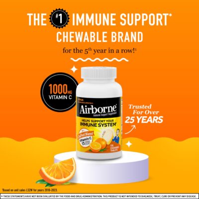 Airborne 1000mg Vitamin C Chewable Tablets with Zinc, Immune Support Supplement with Powerful Antioxidants Vitamins A C & E - (116 count bottle), Citrus Flavor, Gluten-Free - Image 2