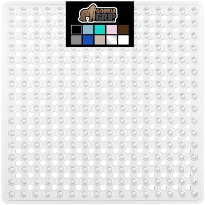 Gorilla Grip Patented Shower and Bathtub Mat, 21x21, Small Square Shower Stall Floor Mats with Suction Cups and Drainage Holes, Machine Washable and Soft on Feet, Bathroom Accessories, Clear