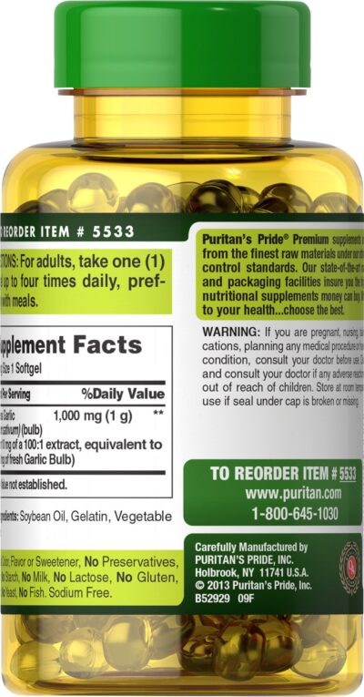 Puritan's Pride Odorless Garlic 1000 Mg Rapid Release Softgels, 250Count - Image 2
