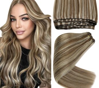 Sunny Highlights Weft Hair Extensions Real Human Hair Light Brown Blonde Sew in Extensions Straight Human Hair Extensions Weft Highlights Sew in Hair Extensions Real Human Hair Bundle 16in 100g