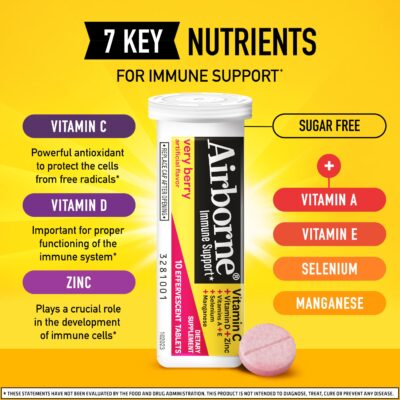 Airborne 1000mg Vitamin C with Zinc, SUGAR FREE Effervescent Tablets, Immune Support Supplement with Powerful Antioxidants Vitamins A C & E - 30 Fizzy Drink Tablets, Very Berry Flavor - Image 9