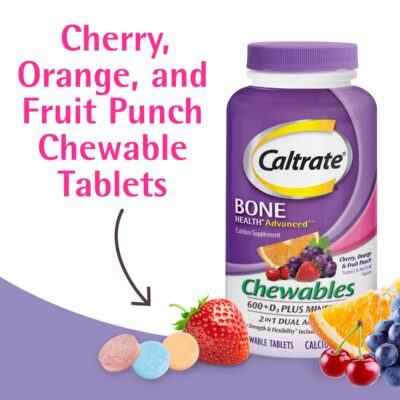 Caltrate Chewables 600 Plus D3 Plus Minerals Calcium Vitamin D Supplement, Cherry, Orange and Fruit Punch - 60 Count - Image 2