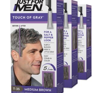 Just For Men Touch of Gray, Mens Hair Color Kit with Comb Applicator for Easy Application, Great for a Salt and Pepper Look – Medium Brown, T-35, Pack of 3