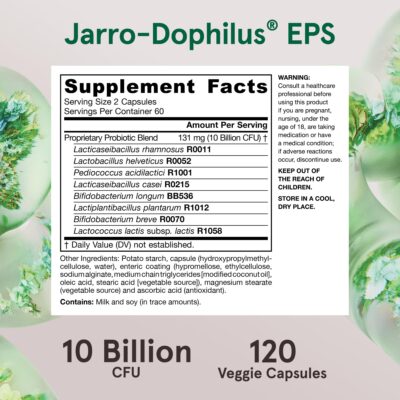 Jarrow Formulas Jarro-Dophilus EPS Probiotics 10 Billion CFU, Dietary Supplement for Intestinal Tract Support, Gut Health Supplements for Women and Men, 120 Veggie Capsules, 60 Day Supply - Image 6