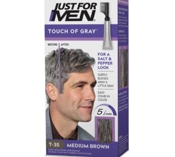 Just For Men Touch of Gray, Mens Hair Color Kit with Comb Applicator for Easy Application, Great for a Salt and Pepper Look – Medium Brown, T-35, Pack of 1