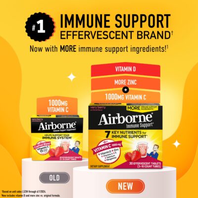 Airborne 1000mg Vitamin C with Zinc, SUGAR FREE Effervescent Tablets, Immune Support Supplement with Powerful Antioxidants Vitamins A C & E - 30 Fizzy Drink Tablets, Very Berry Flavor - Image 2