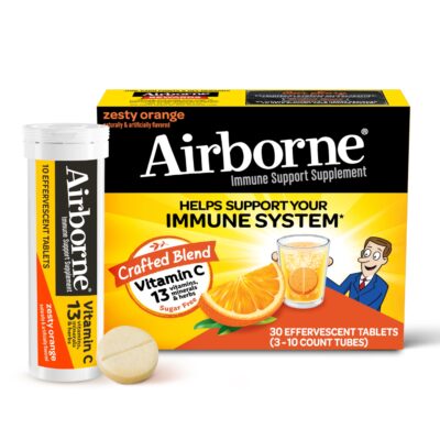 Airborne 1000mg Vitamin C with Zinc, SUGAR FREE Effervescent Tablets, Immune Support Supplement with Powerful Antioxidants Vitamins A C & E - 30 Fizzy Drink Tablets, Zesty Orange Flavor