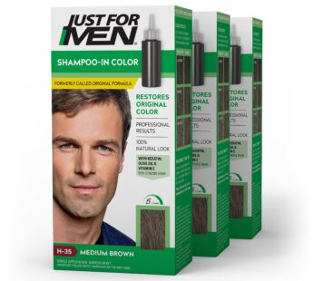 Just For Men Shampoo-In Color (Formerly Original Formula), Mens Hair Color with Keratin and Vitamin E for Stronger Hair – Medium Brown, H-35, Pack of 3