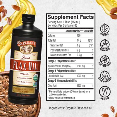 Barlean's Organic Flaxseed Oil Liquid, Cold Press Flax Seeds, 7,640mg ALA Omega 3 Fatty Acid Supplement for Joint and Heart Health & Healthy Digestion, 32 oz - Image 6