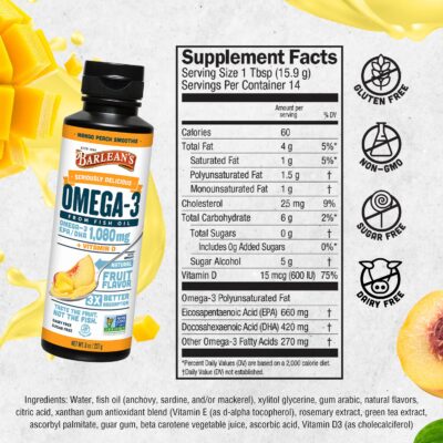 Barlean's Mango Peach Omega 3 Fish Oil Liquid Supplement with Vitamin D, 1080mg EPA & DHA Fatty Acid, Smoothie Flavored & Burpless for Brain, Joint, & Heart Health, 8 oz - Image 6