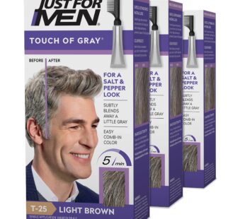 Just For Men Touch of Gray, Mens Hair Color Kit with Comb Applicator for Easy Application, Great for a Salt and Pepper Look – Light Brown, T-25, Pack of 3