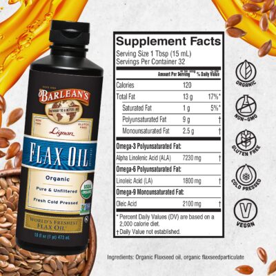 Barlean's Lignan Flaxseed Oil from Cold-Pressed Flaxseeds - 7,230 mg ALA Omega-3 Fatty Acids for Improving Heart Health - Vegan, USDA Organic, Non-GMO, Gluten-Free - 16 oz - Image 6