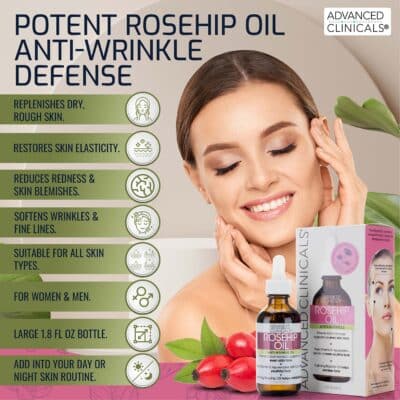 Advanced Clinicals Rosehip Oil For Face | Anti Wrinkle Facial Skin Care Serum | Vitamin C Serum Moisturizer Face Oil W/Vitamin E For Fine Lines, Dark Spots, Uneven Skin Tone, & Sun Damage, 1.8 Fl Oz - Image 6