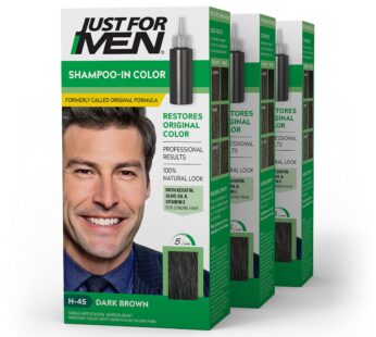 Just For Men Shampoo-In Color (Formerly Original Formula), Mens Hair Color with Keratin and Vitamin E for Stronger Hair – Dark Brown, H-45, Pack of 3