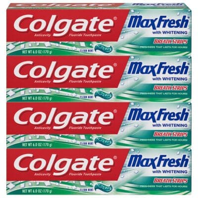 Colgate Max Fresh Whitening Toothpaste with Breath Strips, Clean Mint, 6 Ounce Tube, 4 Pack