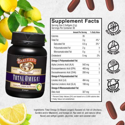 Barlean's Total Omega 3 6 9 Fish Oil Supplement Softgels Blended with Borage and Flaxseed Oil, 1,000 mg Omegas ALA, EPA, DHA and GLA for Joint Support Supplements and Heart Health, 90 Count - Image 6