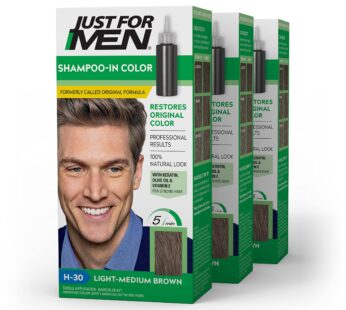 Just For Men Shampoo-In Color (Formerly Original Formula), Mens Hair Color with Keratin and Vitamin E for Stronger Hair – Light-Medium Brown, H-30, Pack of 3