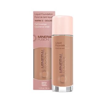 Mineral Fusion Full Coverage Foundation, Liquid Foundation – Warm 3- Medium to Tan Complexion w/Golden Undertones, Lightweight Matte Finish, Up to 12 Hr Hydration, Hypoallergenic & Vegan, 1 fl. oz