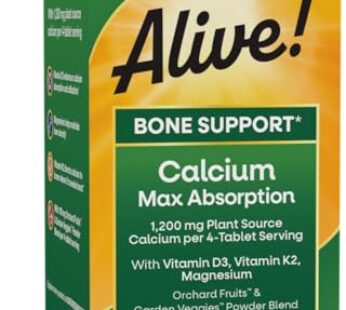 Nature’s Way Alive! Calcium Max Absorption, Bone Support*, Plant Source Calcium, Vitamin D3 & K2, Magnesium, 60 Tablets (Packaging May Vary)