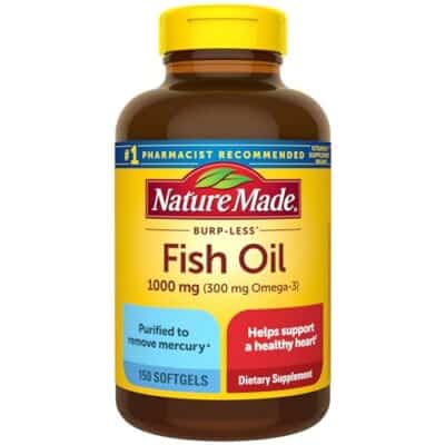 Nature Made Burp Less Fish Oil 1000 mg Softgels, Fish Oil Supplements, Omega 3 Fish Oil for Healthy Heart Support, Omega 3 Supplement with 150 Softgels, 75 Day Supply