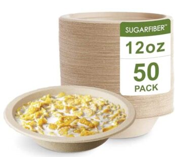 [50 Count] Harvest Pack PFAS Free 12oz Round Paper Bowls – Compostable Heavy-Duty Eco-Friendly Disposable Bagasse Bowls Sugarcane Natural Plant fibers for Meal Prep Takeout Dinnerware