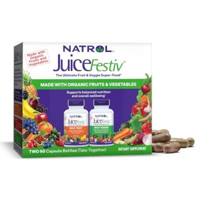 Natrol JuiceFestiv Daily Fruit & Veggie with SelenoExcell and Whole-Food [Phyto] Nutrients, Dietary Supplement Supports Better Nutrition (& Overall Well-Being), 60 Capsules (Pack of 2), 30 Day Supply