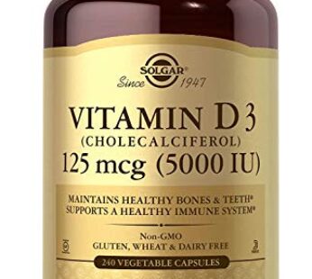 Solgar Vitamin D3 (Cholecalciferol) 125 mcg (5000 IU), 240 Vegetable Capsules – Helps Maintain Healthy Bones & Teeth – Immune System Support – Non-GMO, Gluten Free, Dairy Free, Kosher – 240 Servings