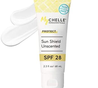 MyCHELLE Dermaceuticals Sun Shield SPF 28 Unscented (2.3 Fl Oz) – Soothing Reef Safe Sunscreen with Vitamin E and Aloe – TSA Approved. Liquid Zinc Sunscreen for Face and Body