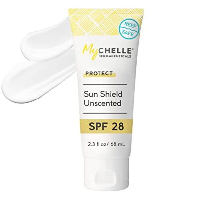 MyCHELLE Dermaceuticals Sun Shield SPF 28 Unscented (2.3 Fl Oz) - Soothing Reef Safe Sunscreen with Vitamin E and Aloe - TSA Approved. Liquid Zinc Sunscreen for Face and Body