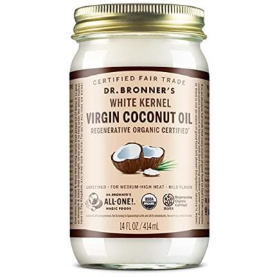 Dr. Bronner's - Organic Virgin Coconut Oil (White Kernel, 14 ounce) - Coconut Oil for Cooking, Baking, Hair & Body, Unrefined & Fresh-Pressed, Mild Flavor, Versatile, Fair Trade, Vegan, Non-GMO
