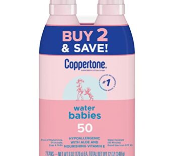 Coppertone WaterBabies Sunscreen Spray, SPF 50 Baby Sunscreen, Spray On Sunscreen, 6 Oz, 2 Pack