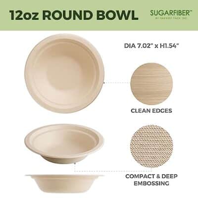 [50 Count] Harvest Pack PFAS Free 12oz Round Paper Bowls - Compostable Heavy-Duty Eco-Friendly Disposable Bagasse Bowls Sugarcane Natural Plant fibers for Meal Prep Takeout Dinnerware - Image 2
