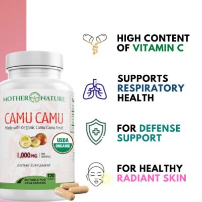 Organic Vitamin C from Camu Camu Capsules 1,000mg, Packed with Natural VIT C, Raw Antioxidants - Immune Support Supplement & Anti-Aging for Skin - Powder Organic, Vegan, Non-GMO (120 Count) - Image 7