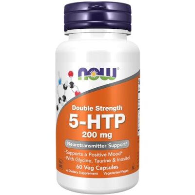 NOW Supplements, 5-HTP (5-hydroxytryptophan) 200 mg, Double Strength, Neurotransmitter Support*, 60 Veg Capsules