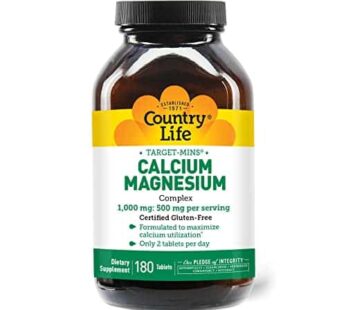 Country Life Target-Mins Calcium Magnesium Complex 1000mg/500mg, 180 Tablets, Certified Gluten Free, Certified Vegan, Certified Non-GMO Verified