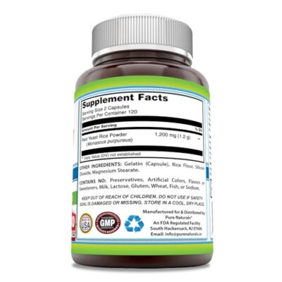 Pure Naturals Red Yeast Rice 1200 Mg per Serving, 240 Capsules Supplement | Non-GMO | Gluten Free | Made in USA - Image 2