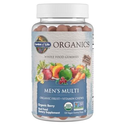 Garden of Life Organics Men's Gummy Vitamins - Berry - Certified Organic, Non-GMO, Vegan, Kosher Complete Multi - Methyl B12, C & D3 - Gluten, Soy & Dairy Free, 120 Real Fruit Chew Gummies