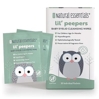 Natural Essentials Lil' Peepers Baby Eye Wipes and Eyelid Cleanser, Rinse-Free Pediatrician Recommended Hypoallergenic Soft Eyelid Wipes for Babies, Kids and Adults, (30 Count)