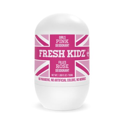 Fresh Kidz Pink Girls Roll On Deodorant - 1.86 fl oz Baking Soda and Aluminum Free 24 Hour Protection for Sensitive Skin