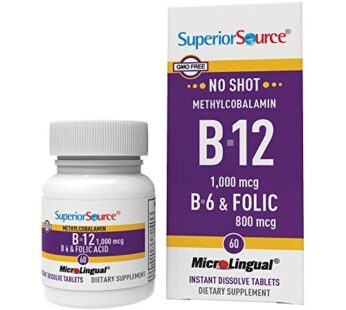 Superior Source No Shot Vitamin B12 Methylcobalamin (1000 mcg), B6, Folic Acid, Quick Dissolve MicroLingual Tablets, 60 Ct, Increase Energy, Healthy Heart, Boost Metabolism, Stress Support, Non-GMO