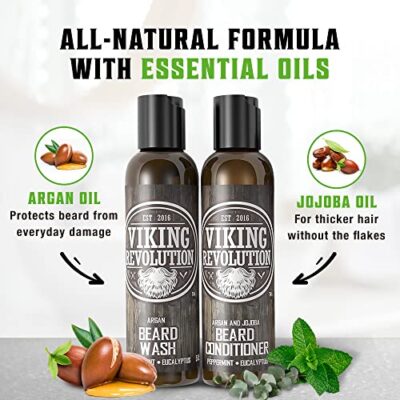 Viking Revolution Beard Wash & Beard Conditioner Set w/Argan & Jojoba Oils ? Softens, Smooths & Strengthens Beard Growth - Natural Peppermint and Eucalyptus Scent - Beard Shampoo w/Beard Oil (5 oz) - Image 5